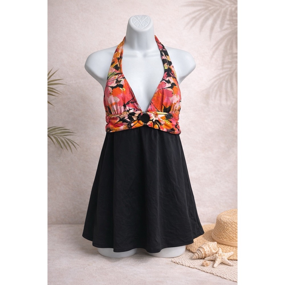 New Lane‎ Bryant One Pc Swimsuit Dress Halter Tropical Black Orange Size 1x 36D